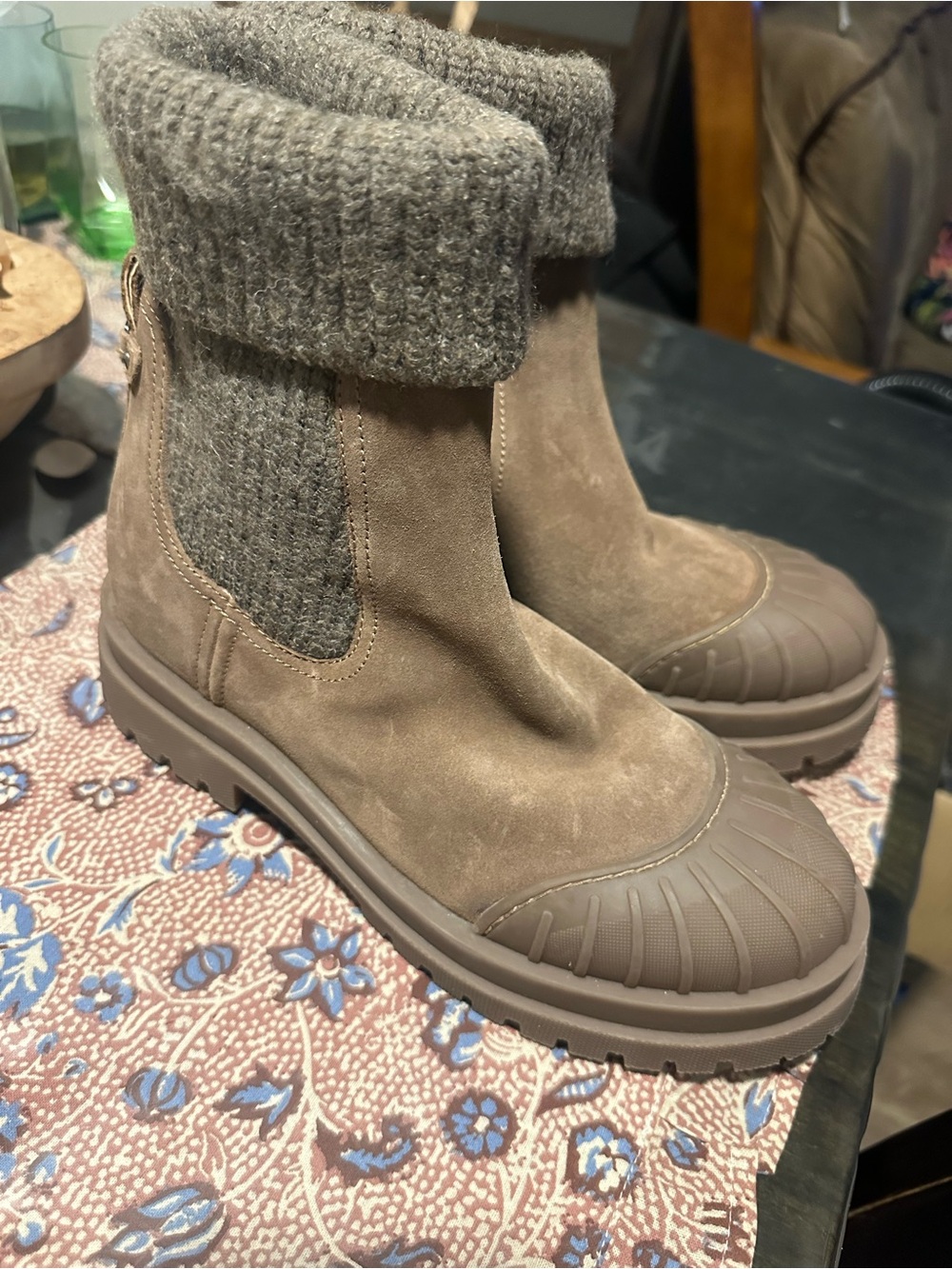 Women’s Brown Suede Winter Ankle Boots with Knit Cuff